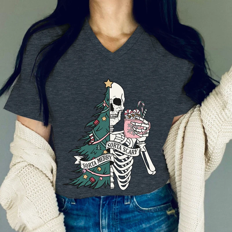 Women Funny Christmas Tree and Skull Graphics Tshirt Sorta Merry Sorta Scary T Shirts Vintage Skeleton Coffee V Neck Xmas Tees