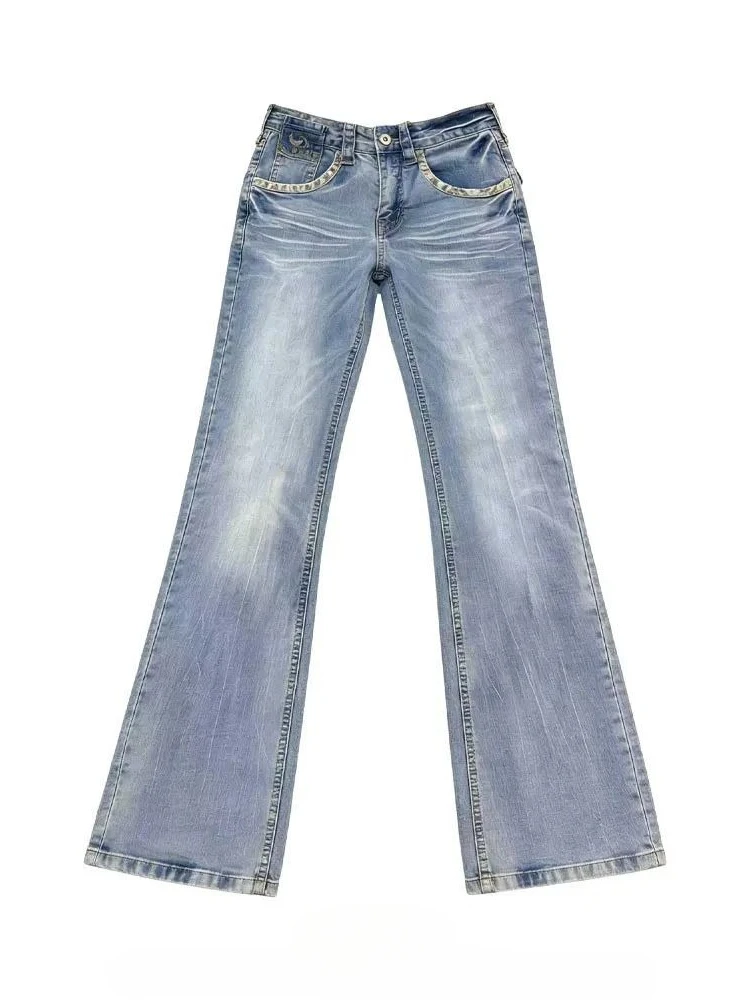 Women's Splicing Leopard Print Vintage Micro Flared Jeans 90s Slim Pants Girl Wide Legs Sweatpants Female High Waisted Trousers