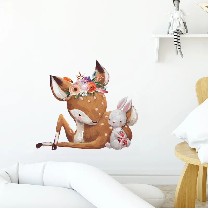

Cartoon Sika Deer Bunny Wall Sticker For Kids Room Decor Mural Bedroom Living Room Home Decoration Wallpaper Cute Animals Decals