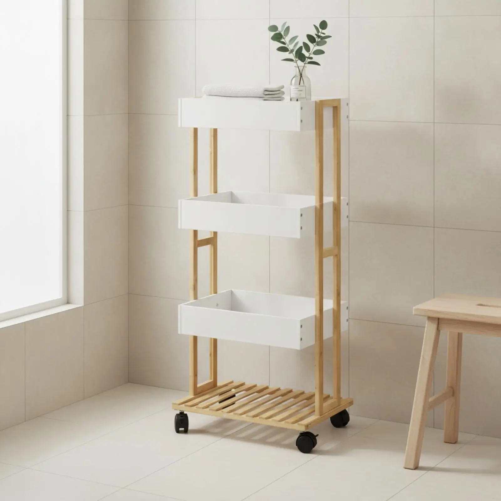 Bamboo Storage Trolley Slim Furniture Space-Saving for Bathroom, Living Room
