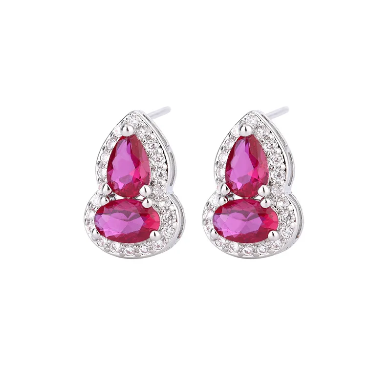 S925 Silver Needle European and American Style Blood Pomegranate Red Corundum Gourd Bracelet and Earring Set for Women