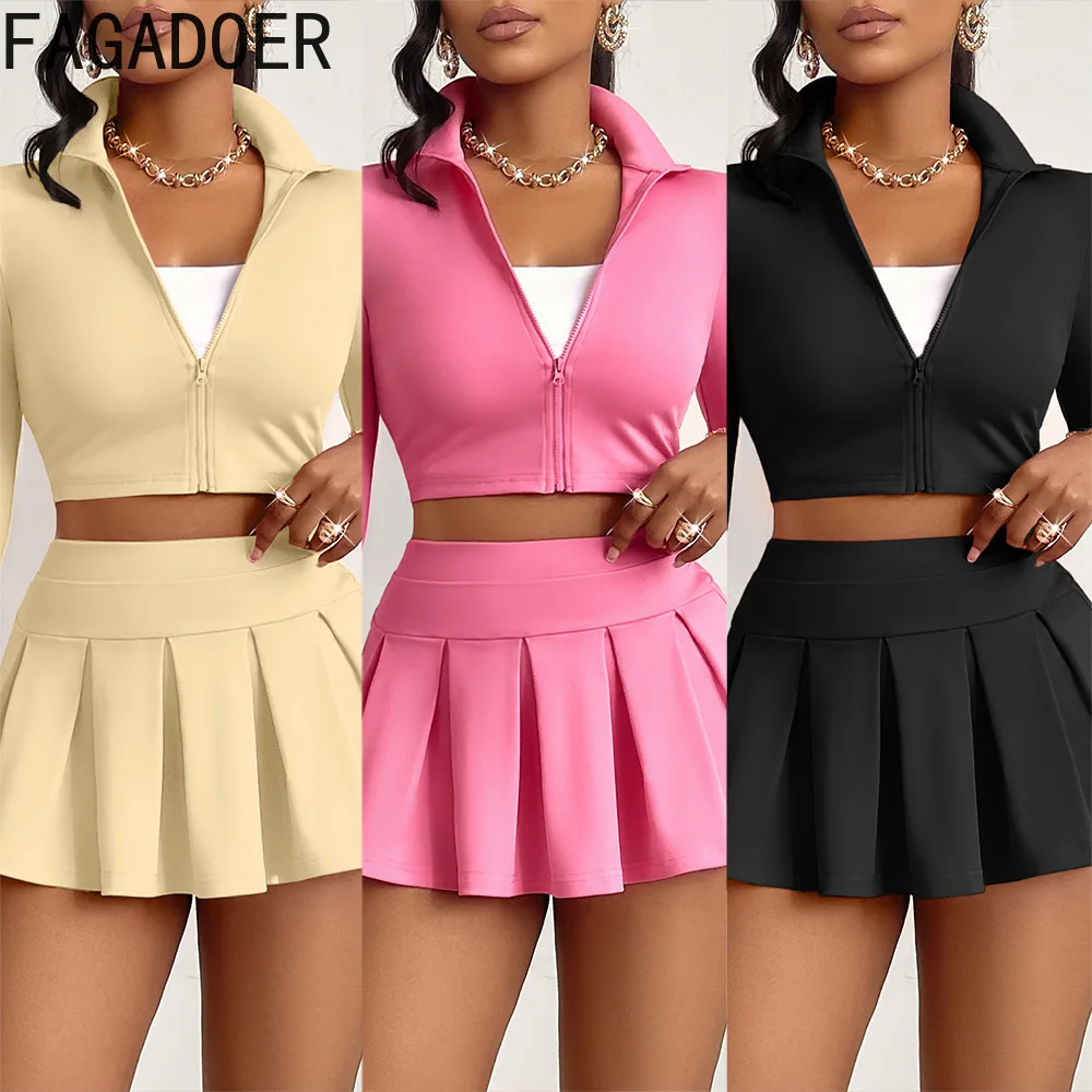 

FAGADOER Fashion Two Piece Outfits Woman Solid Color Long Sleeves Crop Jackets and Pleated Skirt Female Streetwear Clothing 2025