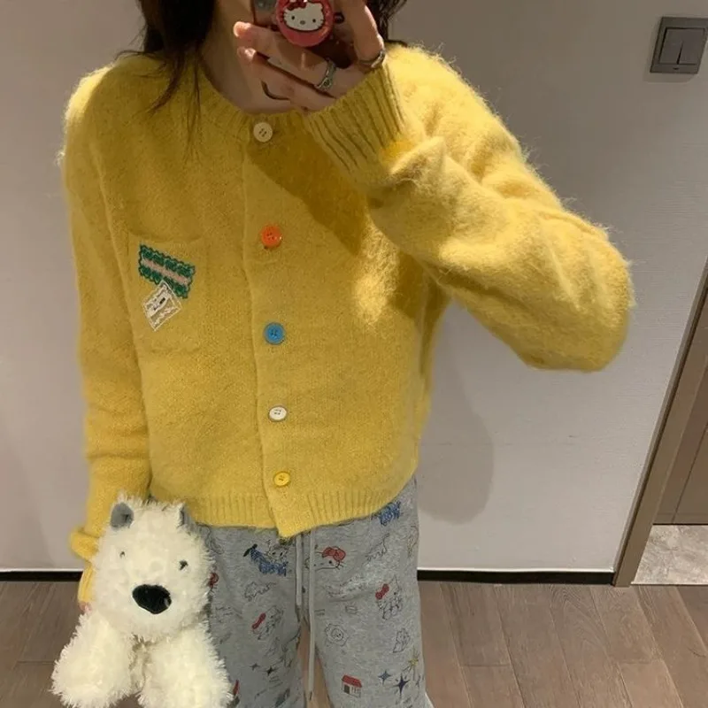 

Japanese Y2K Sweet Cute Buttons Knitted Cardigan Sweater Coats Pockets Full Sleeve Short Jackets Preppy-style Sweet Kawaii Girls