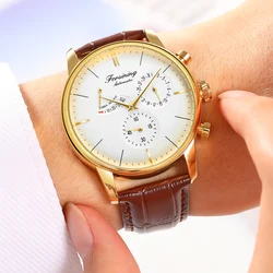 FORSINING Power Reserve Display Automatic Movement Day Date Man Watch Leather High Quality Elegant Male Mechanical Wristwatches