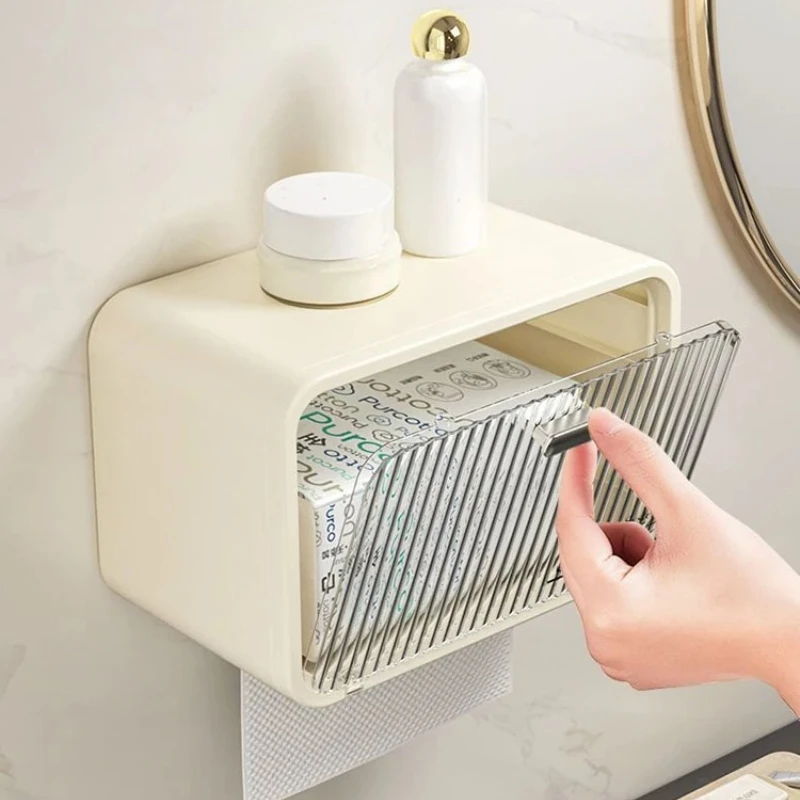 1 Tissue Box For Face Towel, 2-In-1 Storage Box For Drawing Paper And Rolling Paper, Wall-Mounted Waterproof Design For Bathroom