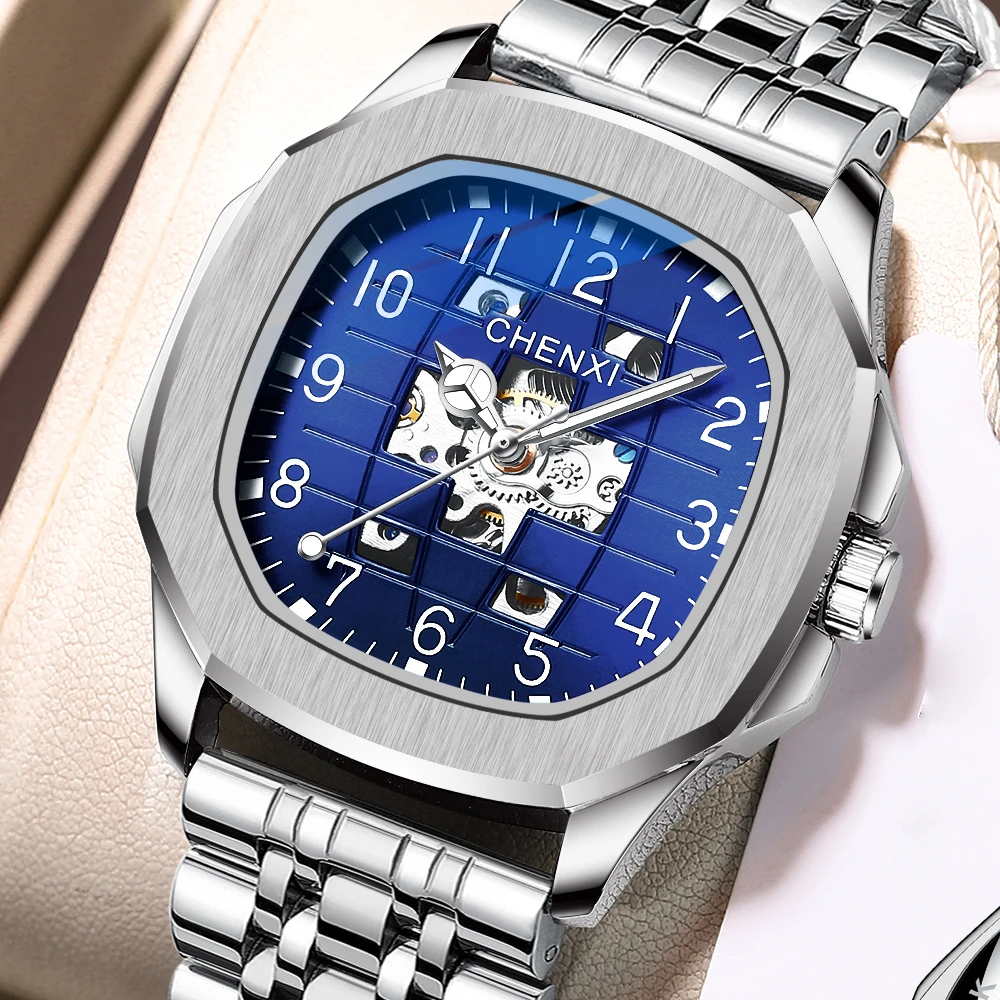 Chenxi Top Brand Square Dial Automatic Men Fashion Stainless Steel Or Leather Luminous Mechanical Quartz Tourbillon Mens Watches