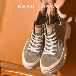 BeauToday-Baskets décontractées en cuir suédé pour femmes, Parker rond, sans dentelle, haut, dames, mode rétro, chaussures plates, faites à la main, 29575