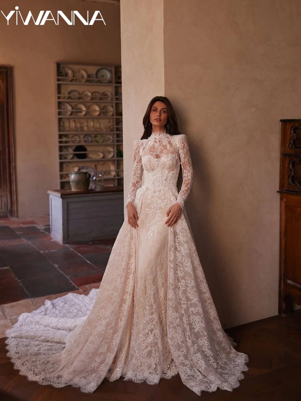 Detachable Train Beaded Lace Wedding Dress Luxurious High Collar Long Sleeve Bridal Gown Customized Elegant Dresses For Bride