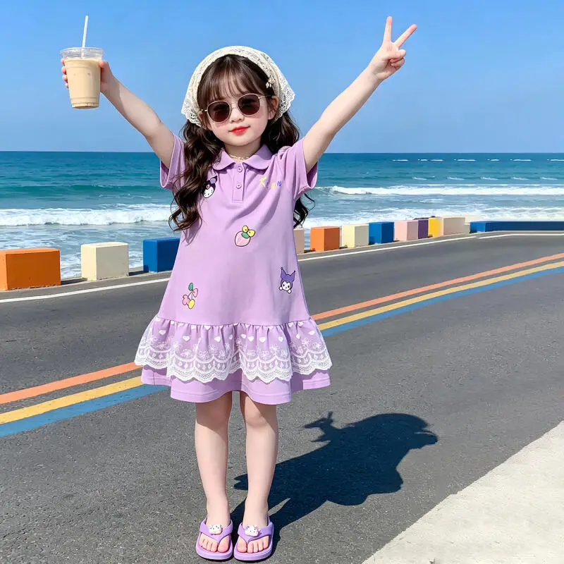 

Summer Girls' Lapel Short Sleeved Dress Girls New T-Shirt Mesh Short Skirt Children's Sweet Cartoon Western-Style Princess Skirt