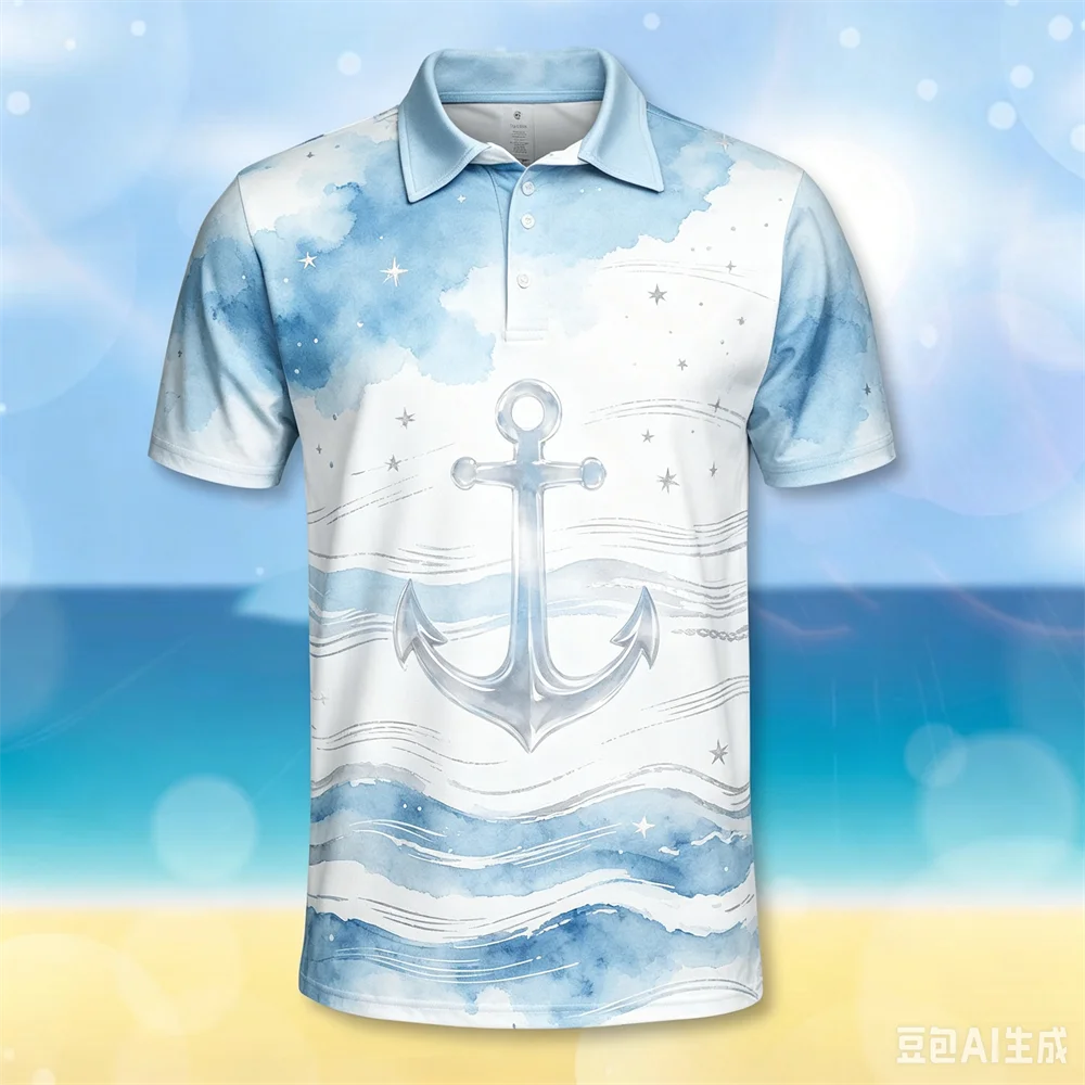 Mens Nautical Anchor Striped Polo Shirt Quick Dry Fabric Short Sleeve Tops For Sailing Fishing Beach Daily Summer Casual Wear