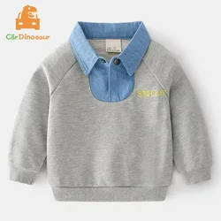 2025 Spring Autumn 2 3 4 5 6 7 8  Years Children Turn-down Collar Gray Cotton Denim Color Patchwork Kids Baby Boy Sweatshirt