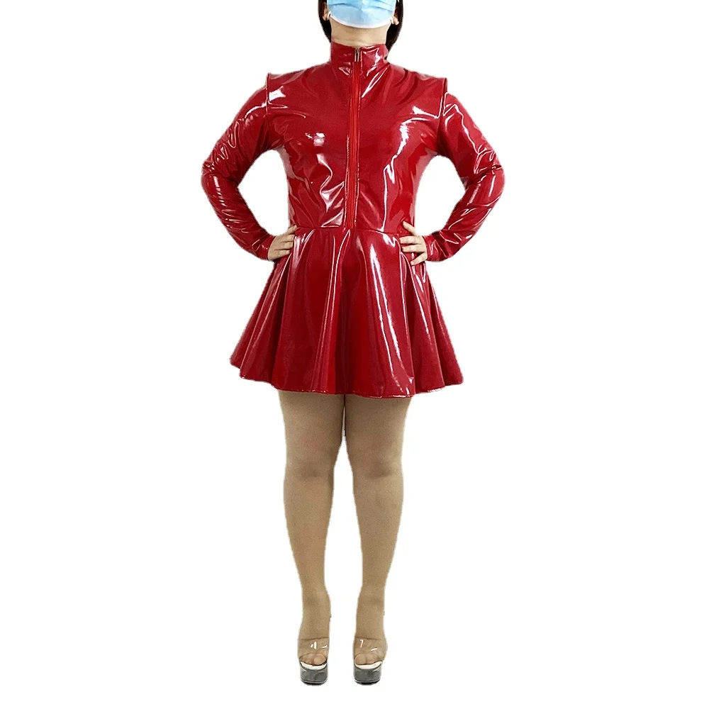 

Gothic Faux PVC Leather A-line Dress, Wet Look, Zipper Flared Mini Dress, Long Sleeve, High Neck Party, Pleated Dress, Club Wear