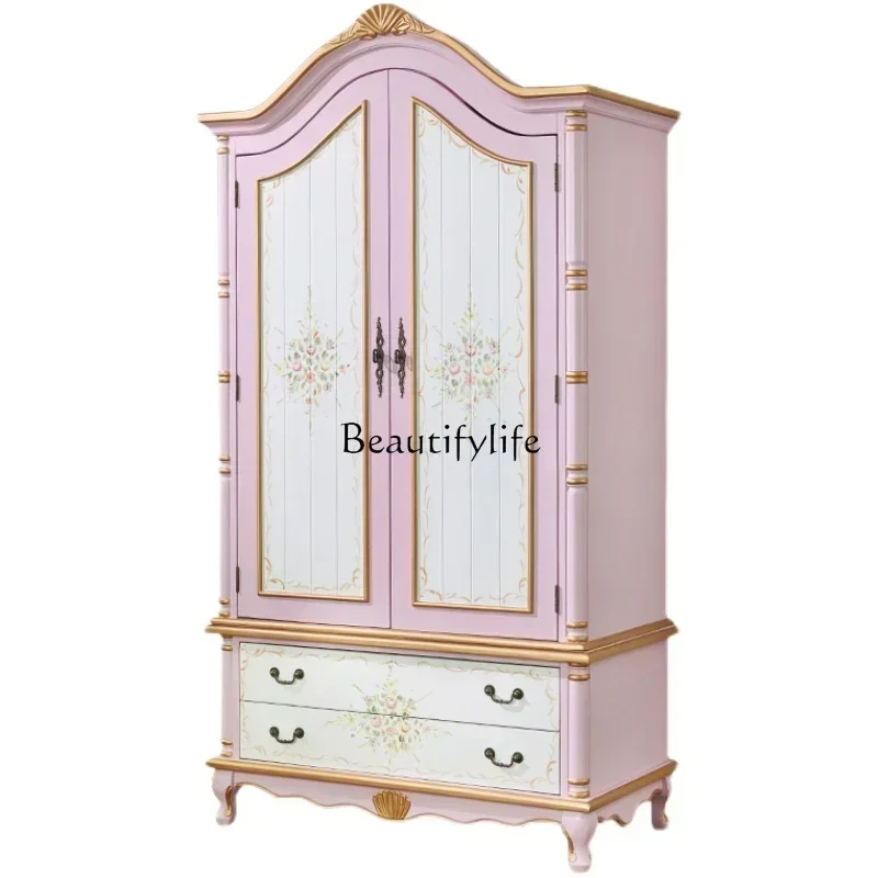 

4American-style Solid Wood Wardrobe Mediterranean Style Painted Large Wardrobe Pastoral Style Vintage Wardrobelx