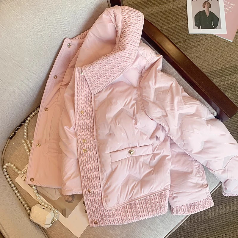 Pink Cotto nCoat for Women Patchwork Striped Long Sleeve Casual Padded Jackets Spring Fall Female Leisure Commute Quilted Jacket