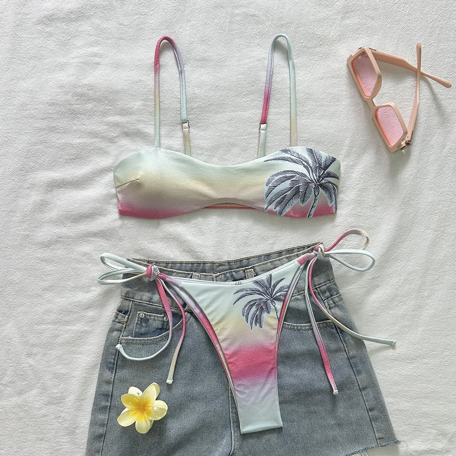

sexy coconut tree print gradient bikinis sets two pieces tie thong swimsuits bathing suit swimwear beach outfits tankini biquini