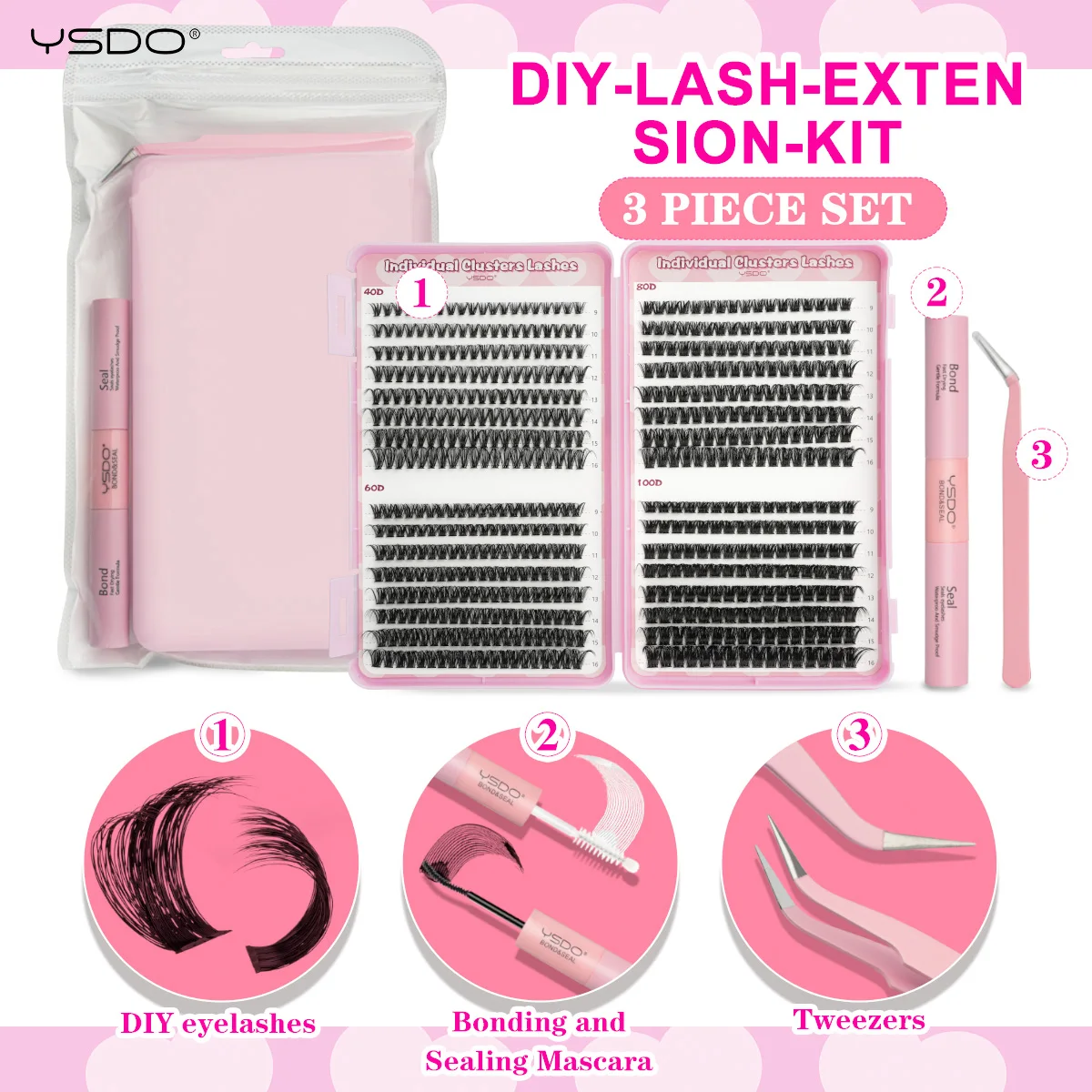 YSDO DIY Wimpernverlängerungsset 14/32P Einzelwimpern-Set Cluster D Curl 9-16mm Mix 30D-120D Wimperncluster mit Bindung und Dichtung – Detail 16