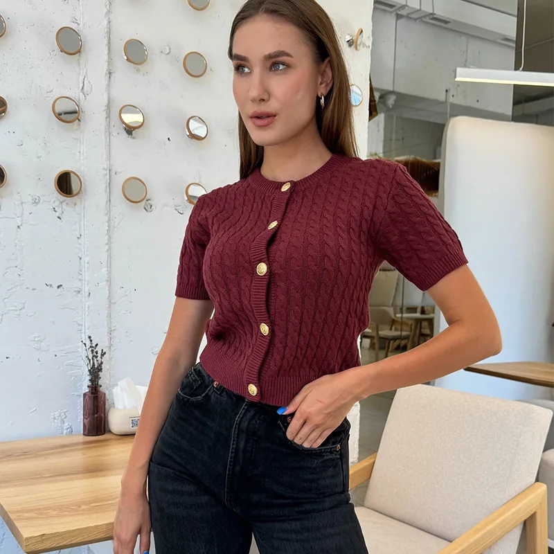 

2025 Women Winter Knit Cardigan Winter Street Fashion Patchwork Ribbed Short Sleeve Sweater Autumn Commute Knitwear Crop Top