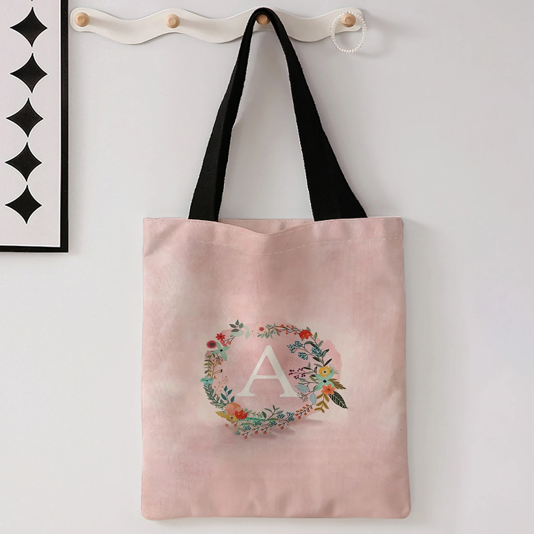 Floral Wreath Letter A Print Tote Bag Large Capacity Shoulder Bag For Shopping Travel Daily Use