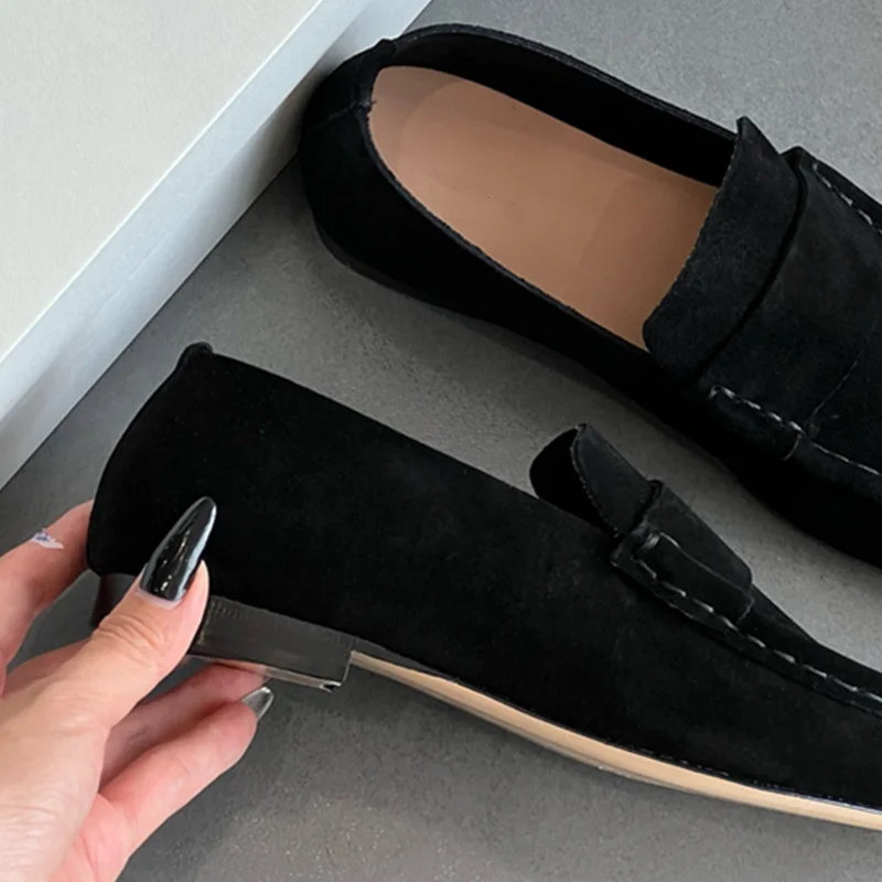 Maxdutti French Ladies Lazy Autumn Cowhide Leather Suede Flat Shoes Fashion Retro Square Toe Minimalist Slip On Loafers Shoes Wo