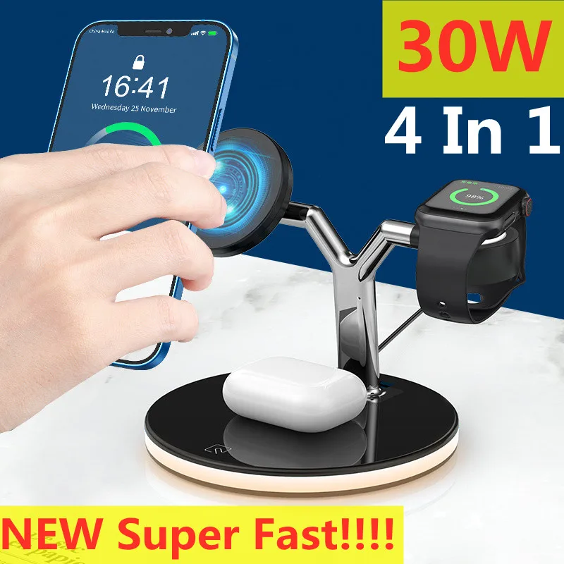 30W 3 In 1 Wireless Charger Magnetic  Fast Charging Dock Station For IPhone 14 13 12 Pro Max Mini Apple Watch 8 7 6 5 Airpods