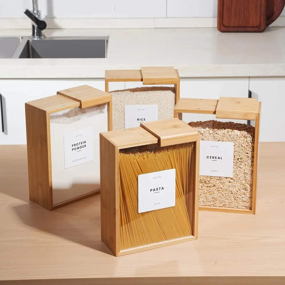 

Creative Bamboo Wood Grain Kitchen Storage Box with Sliding Lid Rice Distributor Household Organizer