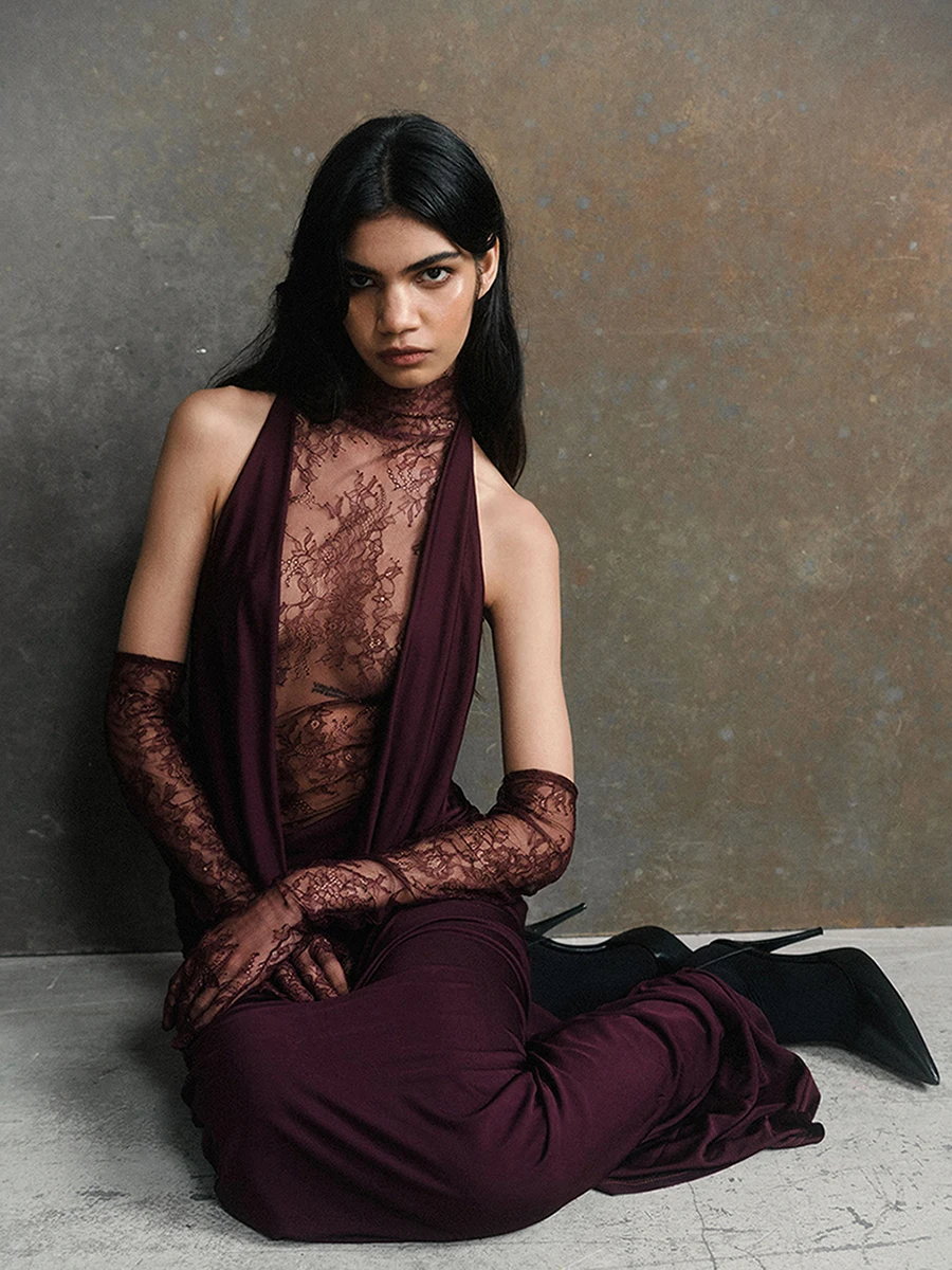 Robe longue en Satin et dentelle pour femmes, Sexy, décolleté en V profond, dos nu, fendue, robe de soirée avec gants, tenues de luxe élégantes