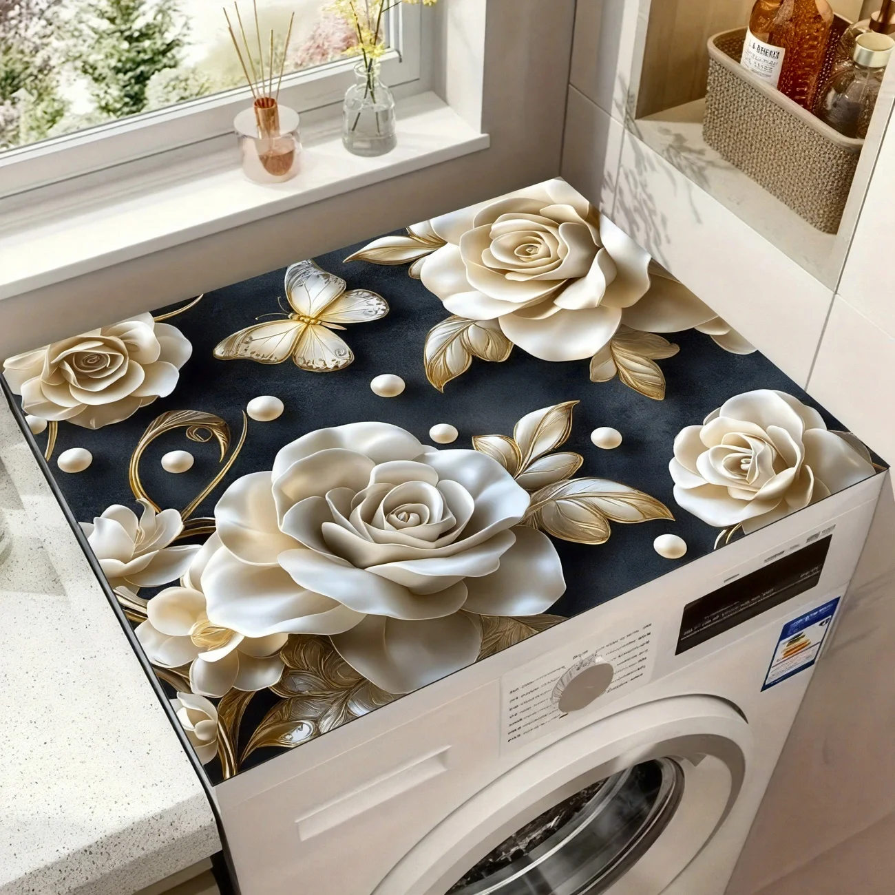 

1pc Elegant Home Decor, Luxurious White Rose and Pearl Pattern Washing Machine Cover Mat, Kitchen Accessory, Home and Bathroom