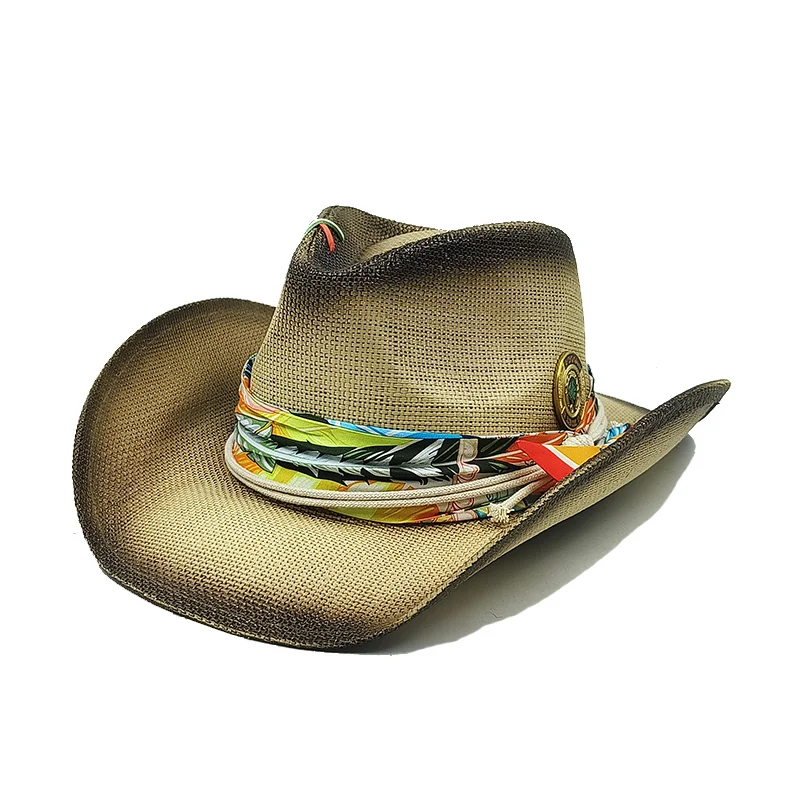 Western Cowboy Straw hat emboried flower women hat Large Brim straw hat summer cowboy Sunshade Jazz Hat sombrero vaquero hombr