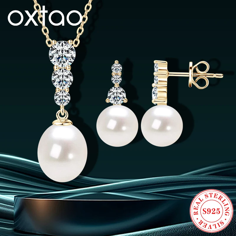 OXTAO لؤلؤ المياه العذبة الطبيعية قلادة القرط للنساء ريال 925 الفضة دمعة قلادة قلادة مجوهرات الأزياء الرائعة
