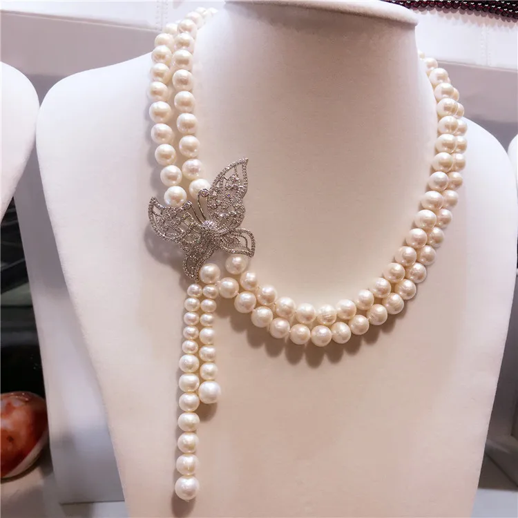 

8-9mm white natural freshwater pearl bow micro inlay zircon clasp tassel necklace fashion jewelry