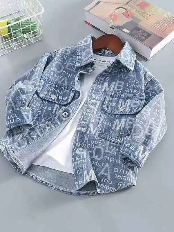 

Spring Autumn Boys Long Sve Denim irt Casual Sle Children's Outerwear Soft Rabbit Fur Thin Model Pure Color Trendy Top