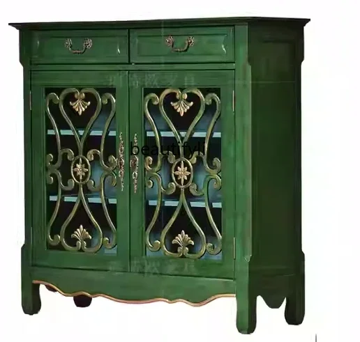 L American rural entrance cabinet solid wood retro green living room locker, dining side cabinet multi-layer entrance door