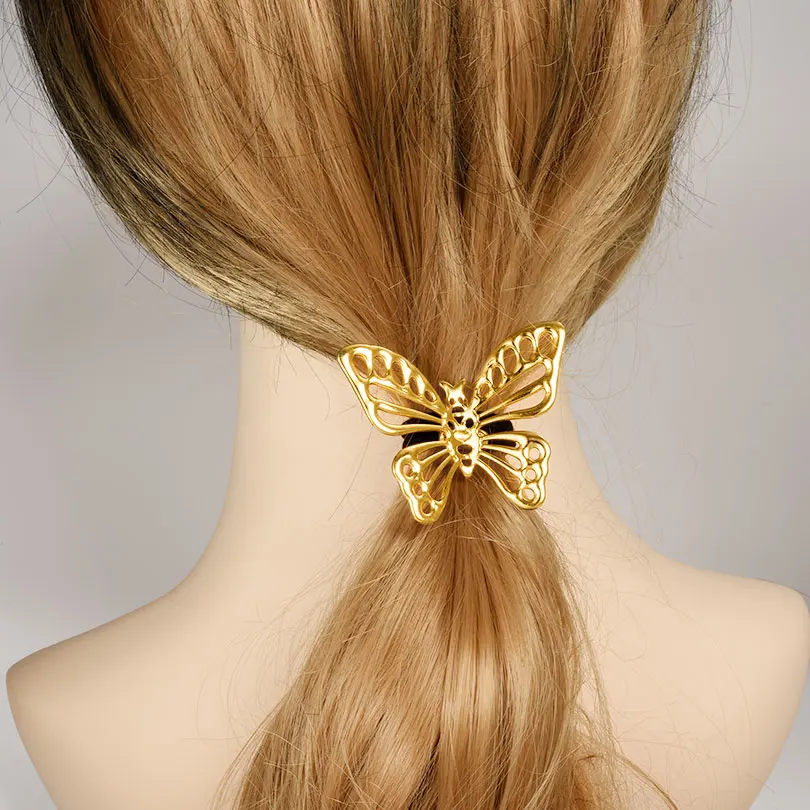 Lazos y elásticos para el cabello de mariposa hueca de acero inoxidable, accesorios para el cabello para mujer y niña, joyería de Color dorado/plateado a la moda