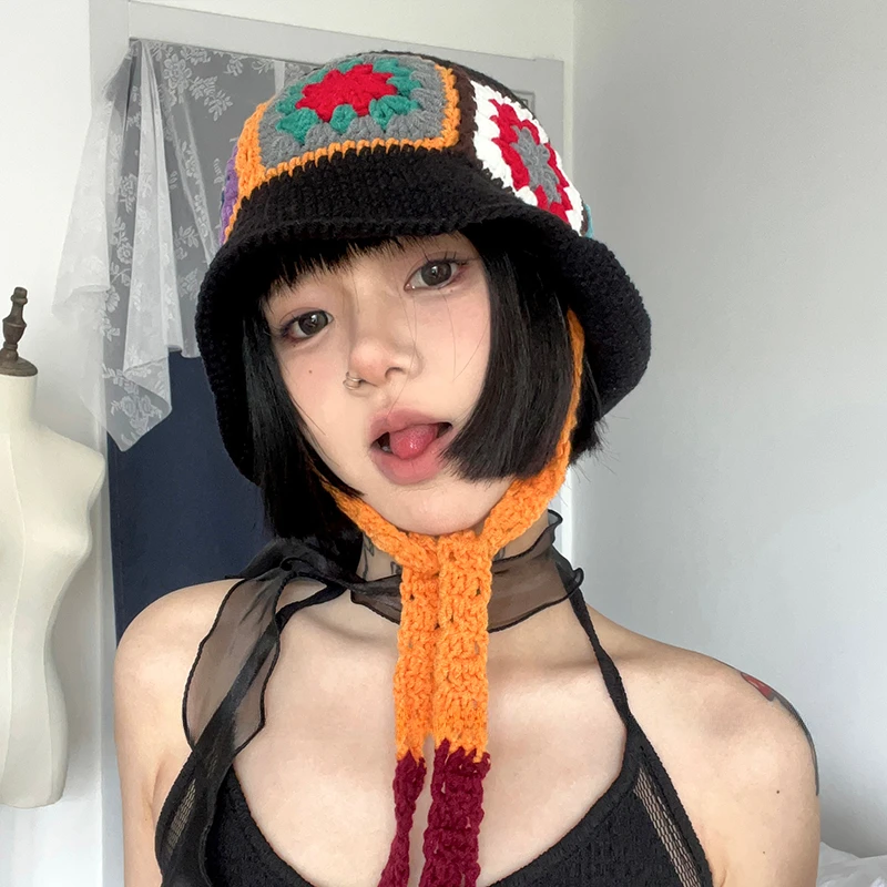 

Korean Handmade Crochet Basin Caps for Women Spring and Summer Travel Photo Versatile Retro Contrasting Color Strap Bucket Hat