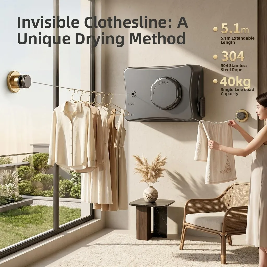

Invisible Clothesline Wire Rope Indoor Balcony Retractable Laundry Drying Rack No Drilling Required Stainless Steel Laundry E...