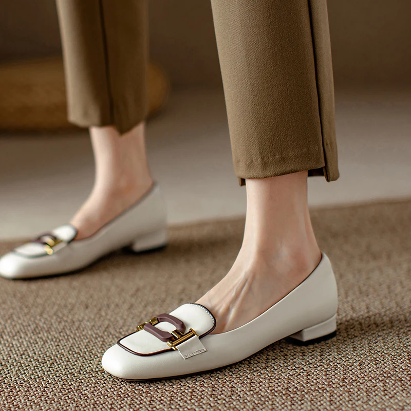 

Genuine Leather Cowhide Metal Buckle Women's High Heels Elegant Low heel Women Shoes Fashion Single shoe