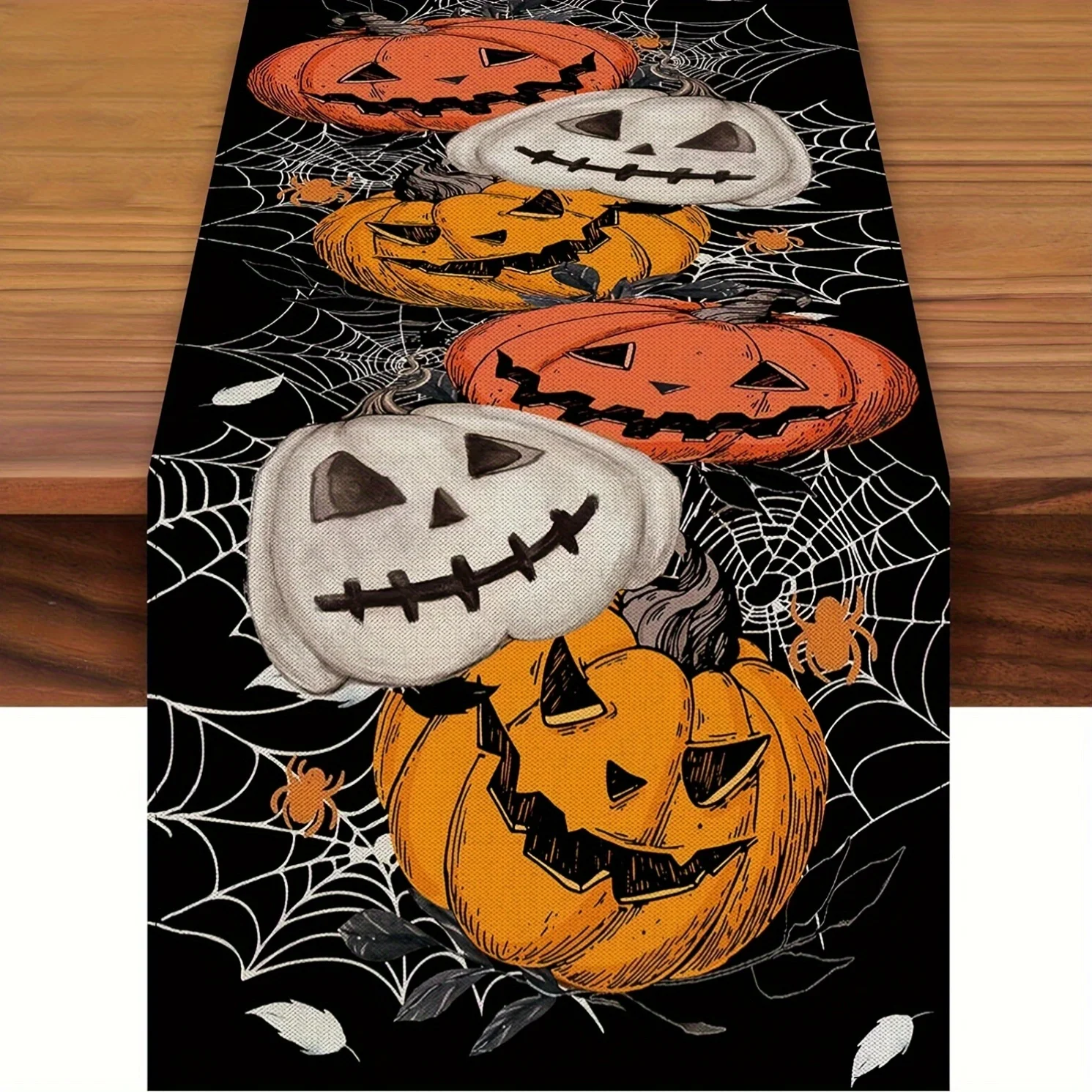 1Pc Halloween Pumpkin Spider Web Style Table Runner Black Orange White Jack O Lanterns And Cobwebs Print Table Cover For Dining