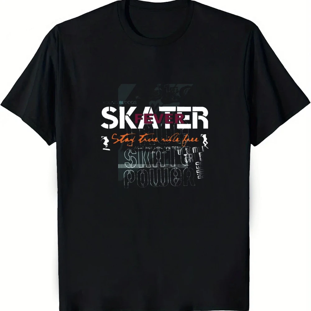 Camiseta Gráfica Negra para Hombre con Diseño Skater Fever, Camiseta Urbana de Algodón con Letras SKATER, Camisetas para Hombre para Verano, Unisex, para Todas las Temporadas