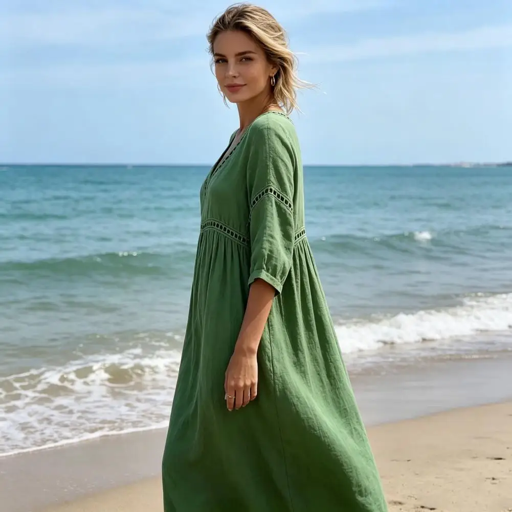 Summer Beachwear Linen Dress for Women, Casual Beach A-Line Flowy Sundress, Short Sleeve V Neck Hollow Eyelets Long Dress view 4