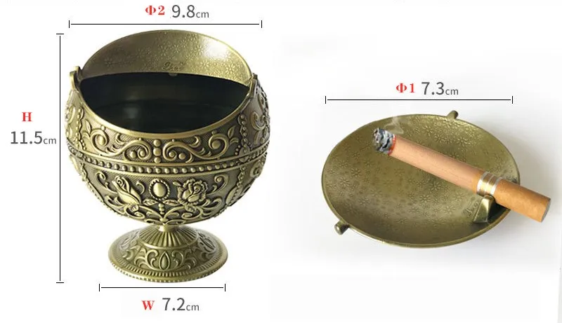 NEW Windproof Ash Tray Vintage Zinc Alloy Flower Pattern Globe Cigarette Ashtray Lid Tabletop Portable Home Decor Ashtrays