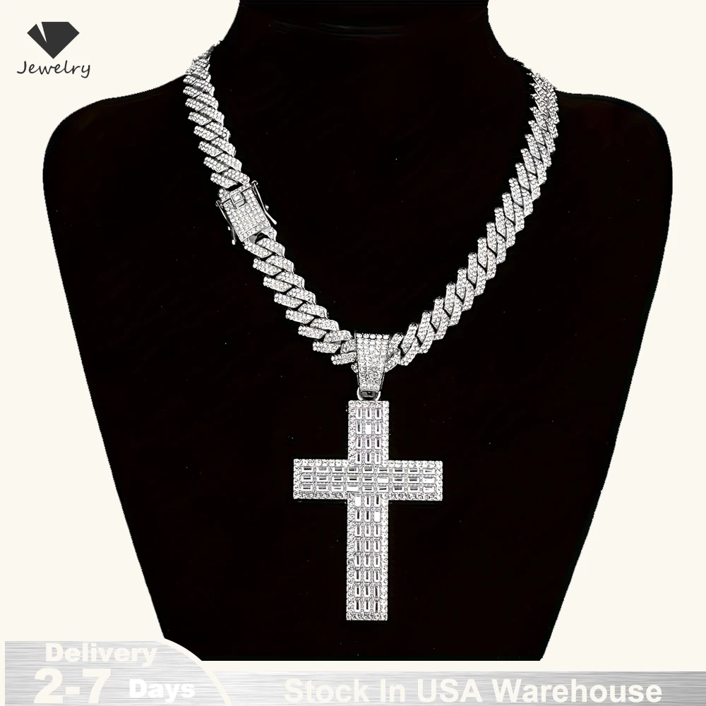 

18k gold-plated Cross Iced Out Pendants Necklace for Men With Bling Cuban Chain Hip Hop Jewelry Drop Shipping Gift USA warehouse