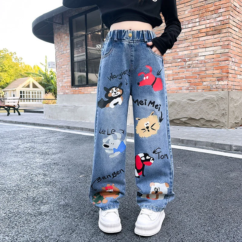 New 2024 Teenage Girls Blue Street Cartoon Print Elastic Mid Waist Loose Denim Jeans Spring Fashion Children Cute Wide Leg Pants