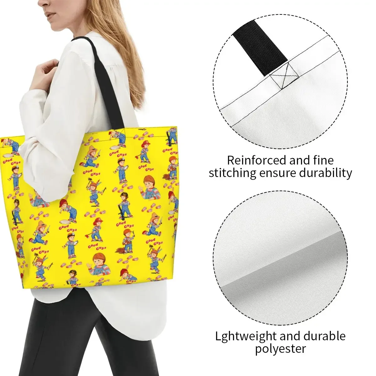 Bolso de compras reutilizable para mujer, bolsa de lona de hombro, bolso de mano portátil, muñeco de juego para niños, compras de comestibles, Good Guys Chucky