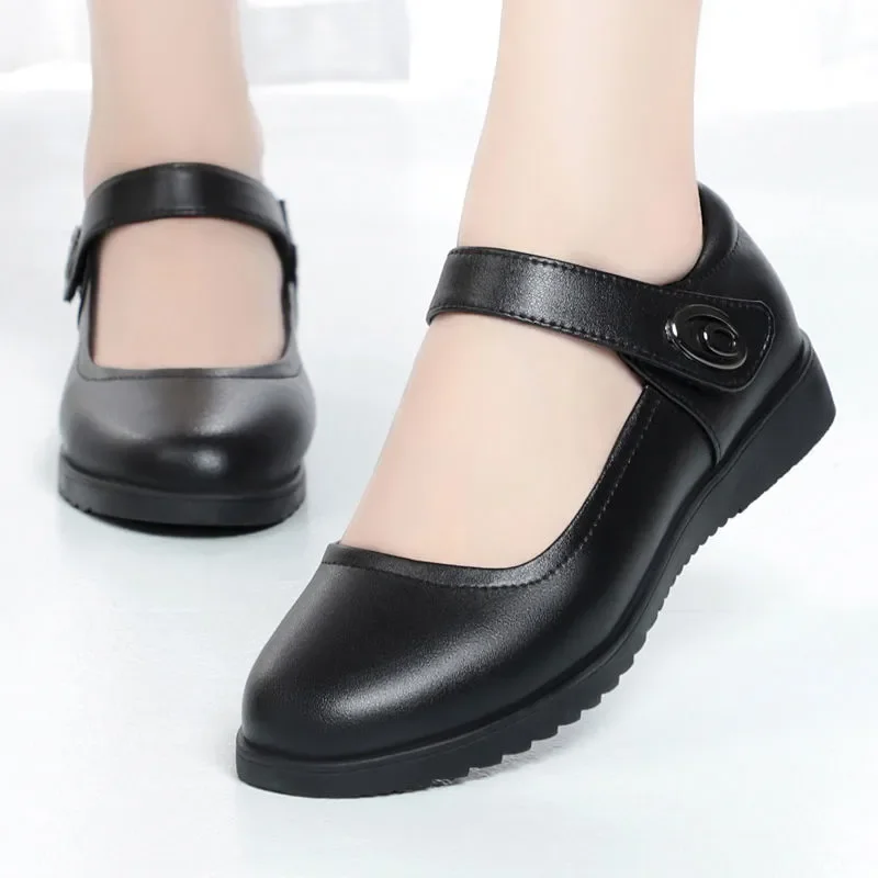 Fashion Sweet Light Weight Black Pu Leather Comfort Student School Shoes Women Leisure Street Office Buckle Strap Heel Shoes A10