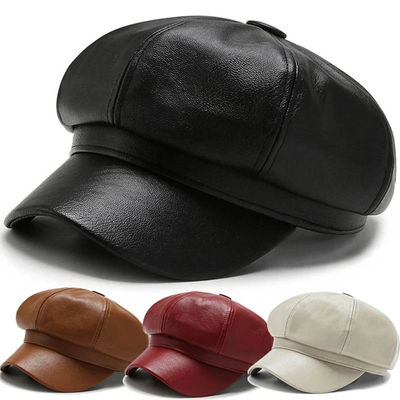 Women Men PU Leather Berets Hat Retro British Solid Beret Baseball Cap Outdoor Sun Hat Winter Warm Octagonal Hats Caps