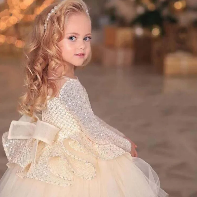 Customized Flower Girl Dresses Beige Tulle Sequin With Tailing Bow Long Sleeve For Wedding Birthday Party First Communion Gown