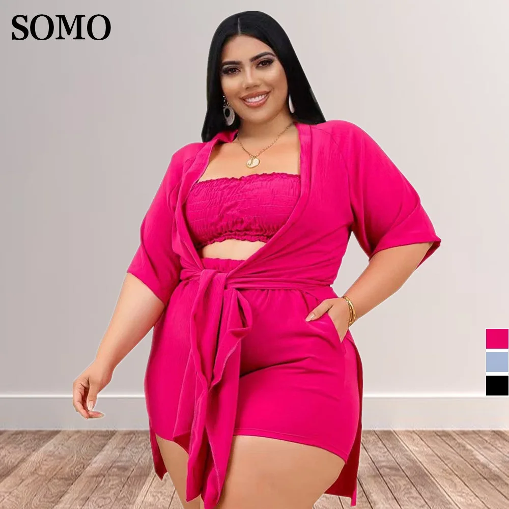 2022 Elegant Solid Color Lace Up Summer Outfits Women Sexy Tube Top Plus Size Three Piece Short Sets Wholesale Dropshipping