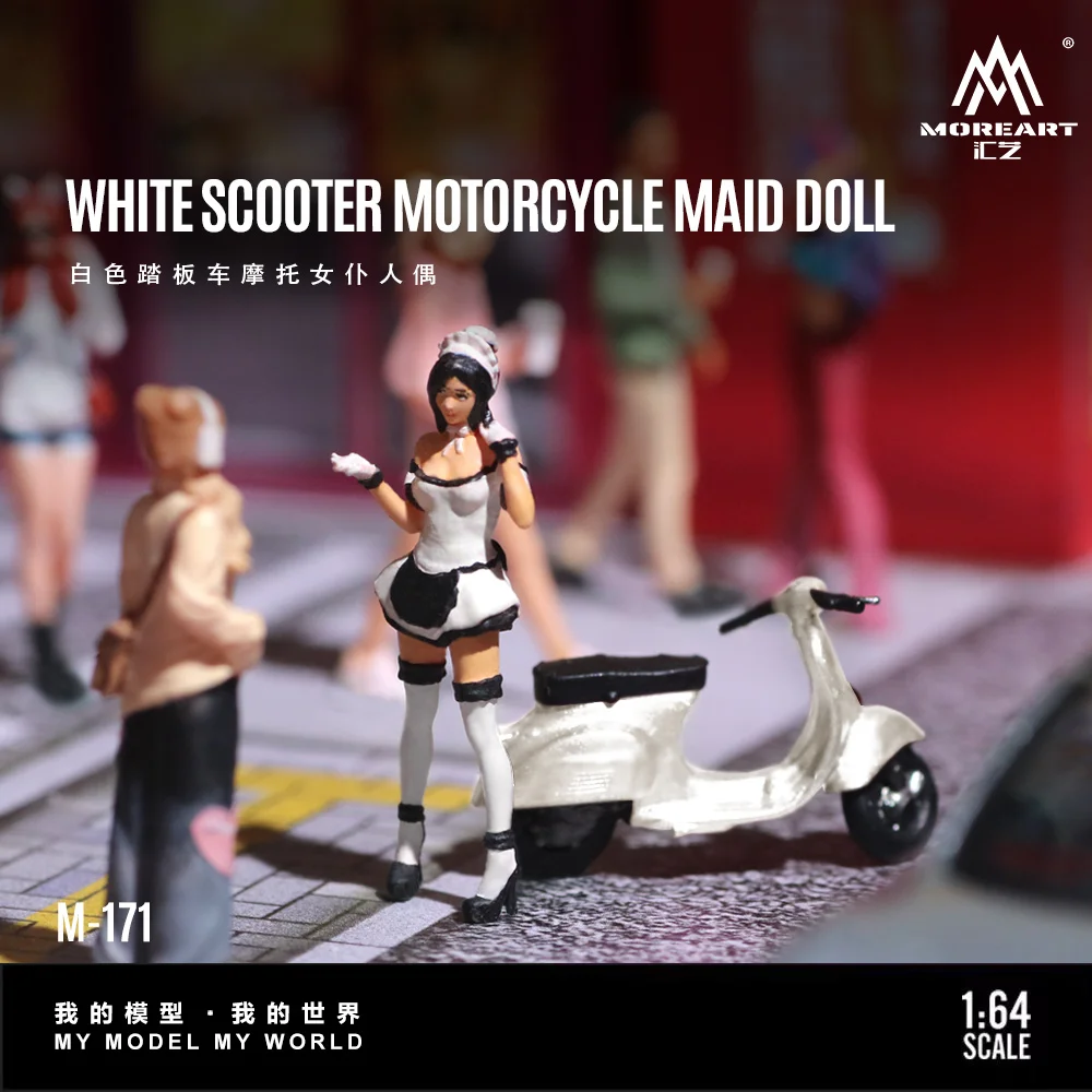 MoreArt 1:64 White Scooter Motorcycle Maid Doll Simulation Resin Model, Miniature Scene Decoration Gift&Display