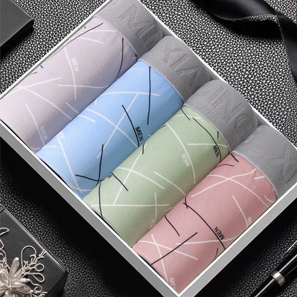 5Pcs Fashion Plus Size Men's Boxer Briefs Mid Waist Elastic Printed Panties Lingerie Seamless Underwear for Man Gifts