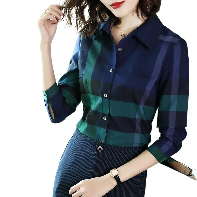 2023 Top Spring New Style Slim Fit Cotton Fashion Top Turquoise Plaid Shirt Women